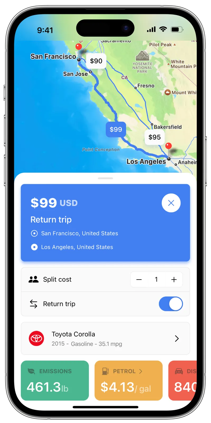Roadtrip app showing fuel cost for a trip in the USA