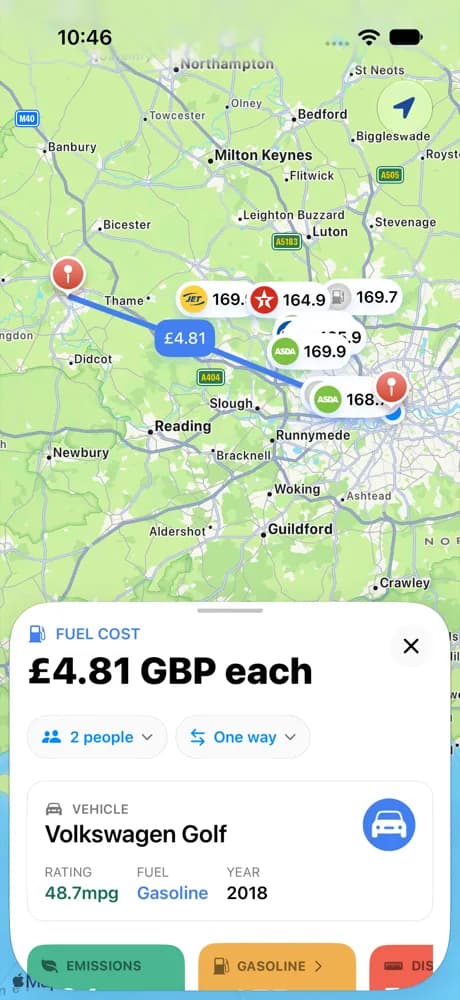The Roadtrip app showing a drive into London that costs £4.81 each, with fuel prices along the way