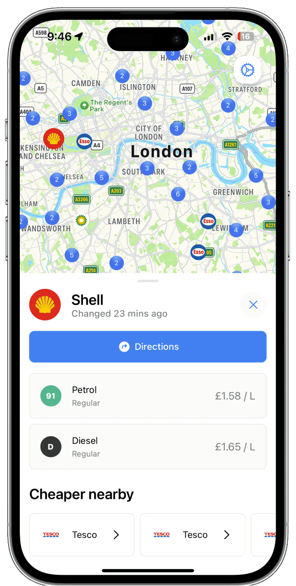 An image of an iPhone screenshot showing petrol stations on the map of London. The user has tapped a petrol station and can see the prices